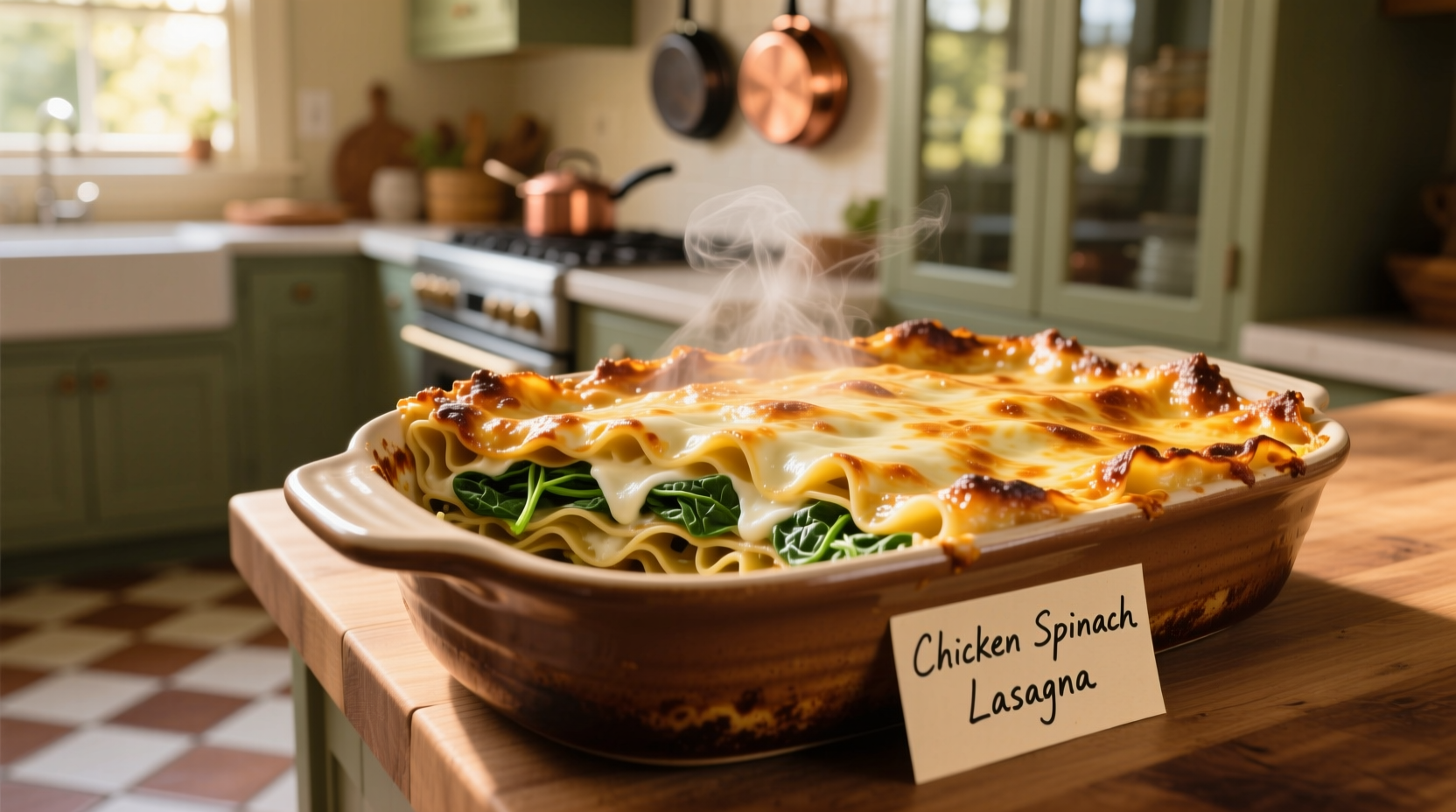 Chicken spinach lasagna baking in ceramic dish