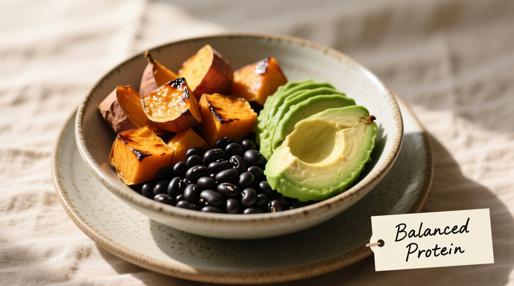 Sweet potato with black beans and avocado for balanced protein
