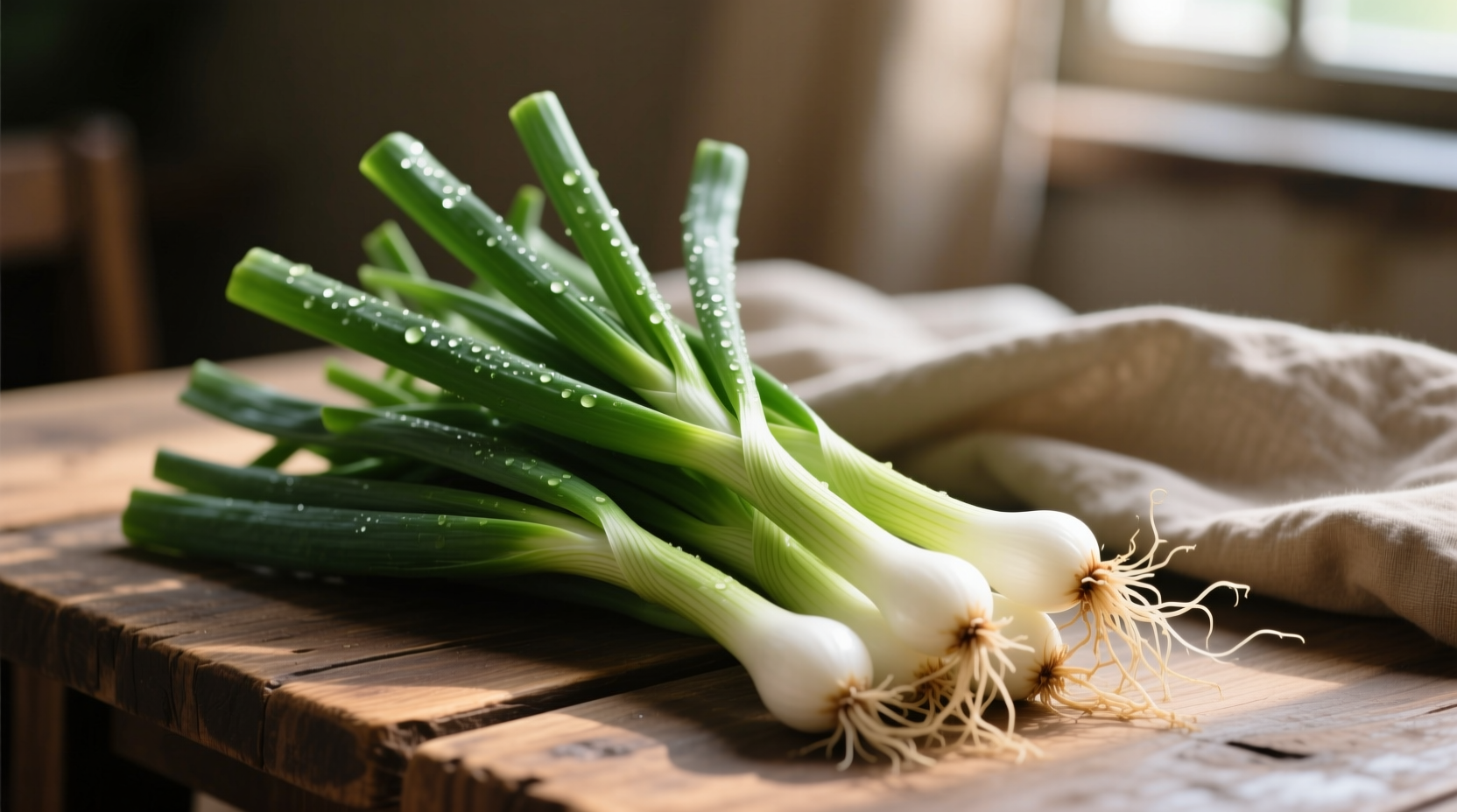 Fresh spring onions with green stalks and small white bulbs