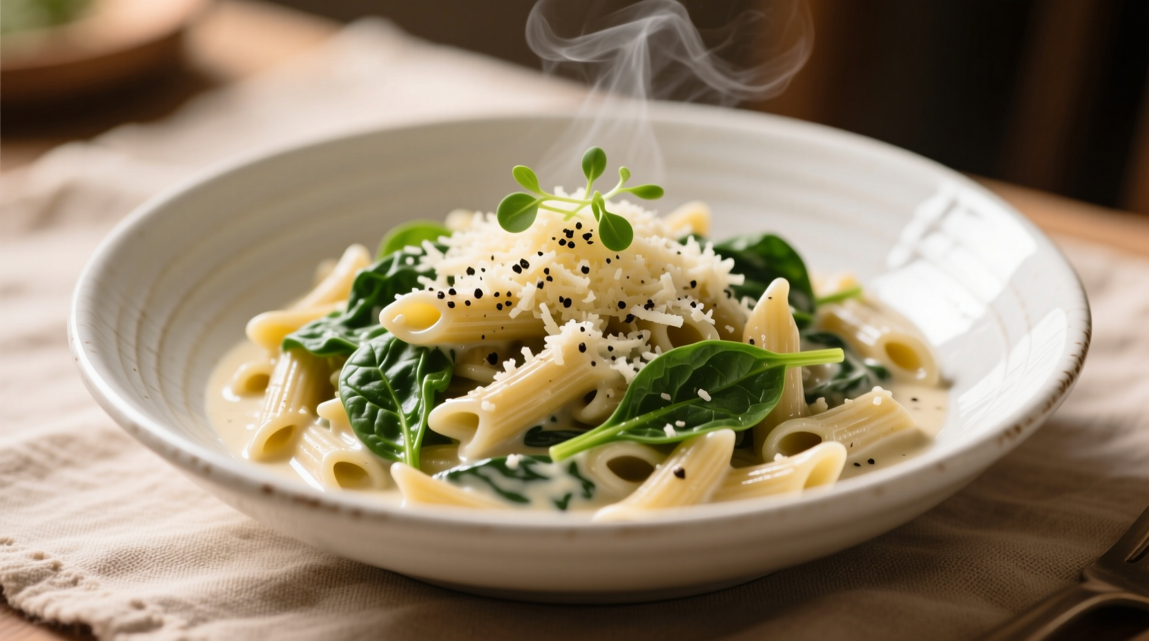 Creamy spinach orzo with parmesan in white ceramic bowl