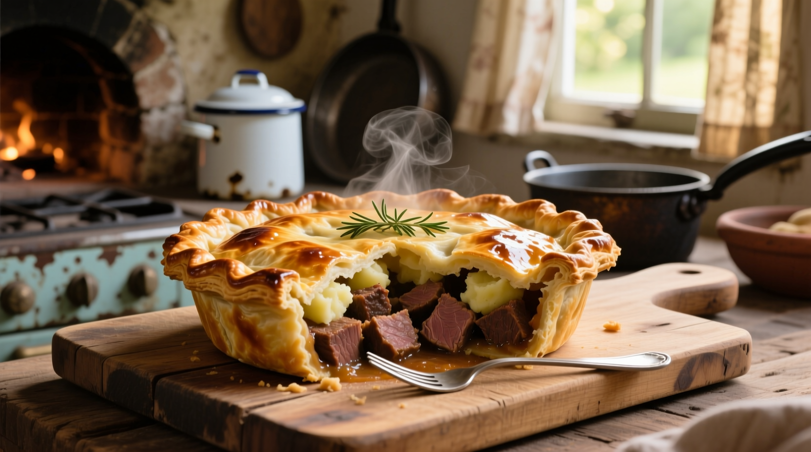Traditional meat and potato pie with golden crust