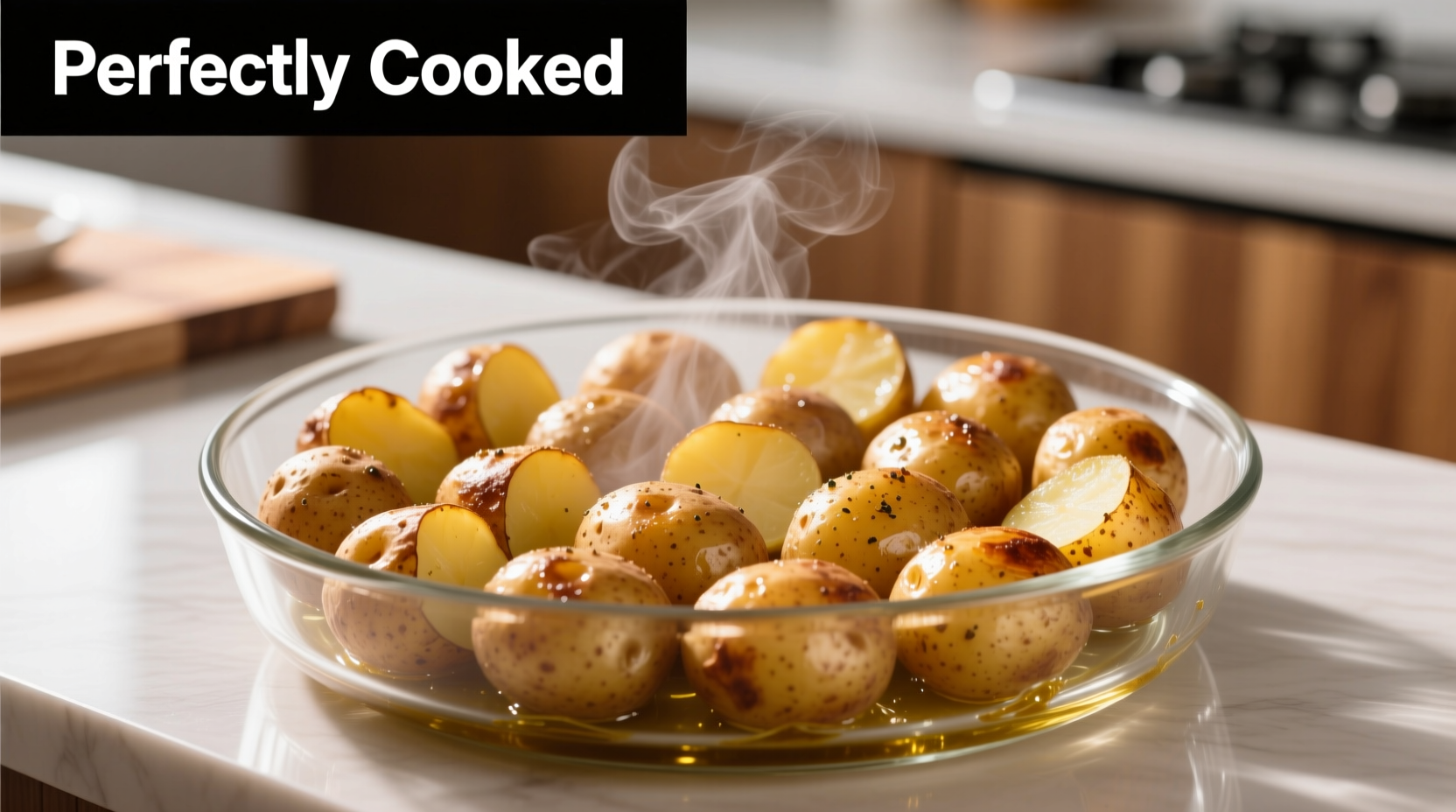 Perfectly cooked microwave potatoes in glass dish