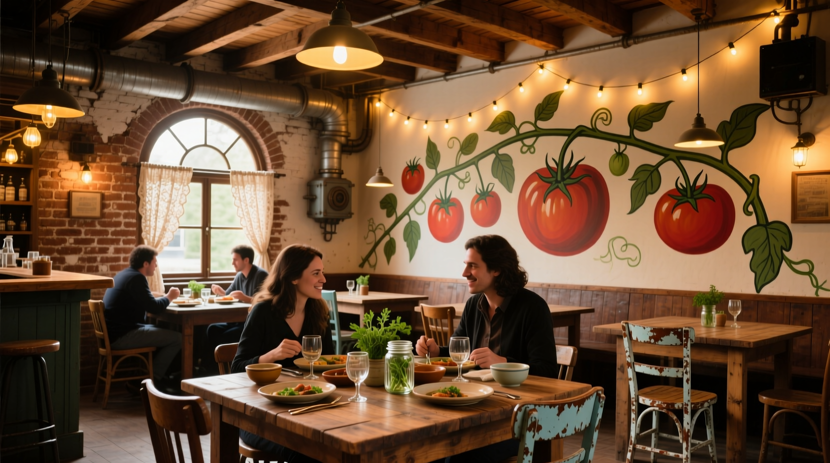 Interior view of Tomato Bar Valparaiso showing rustic decor and dining area