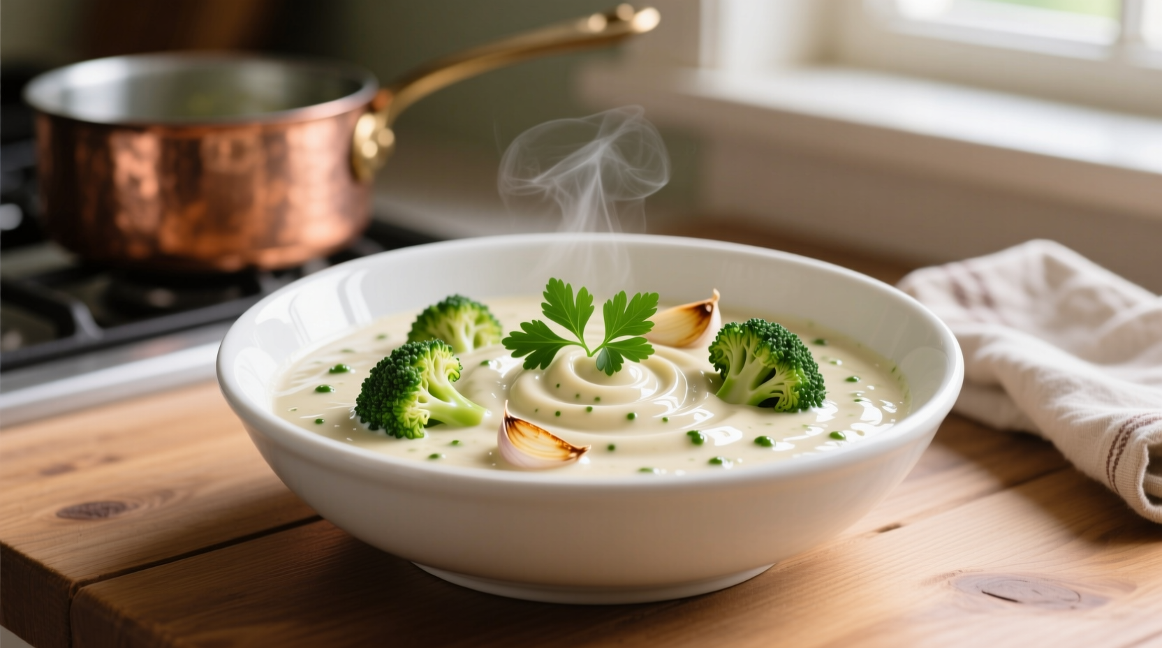 Creamy broccoli garlic sauce in white bowl