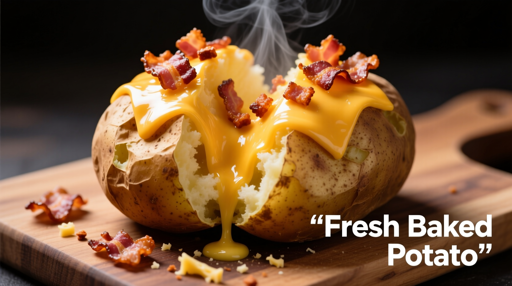 Baked potato with melted cheese and bacon toppings