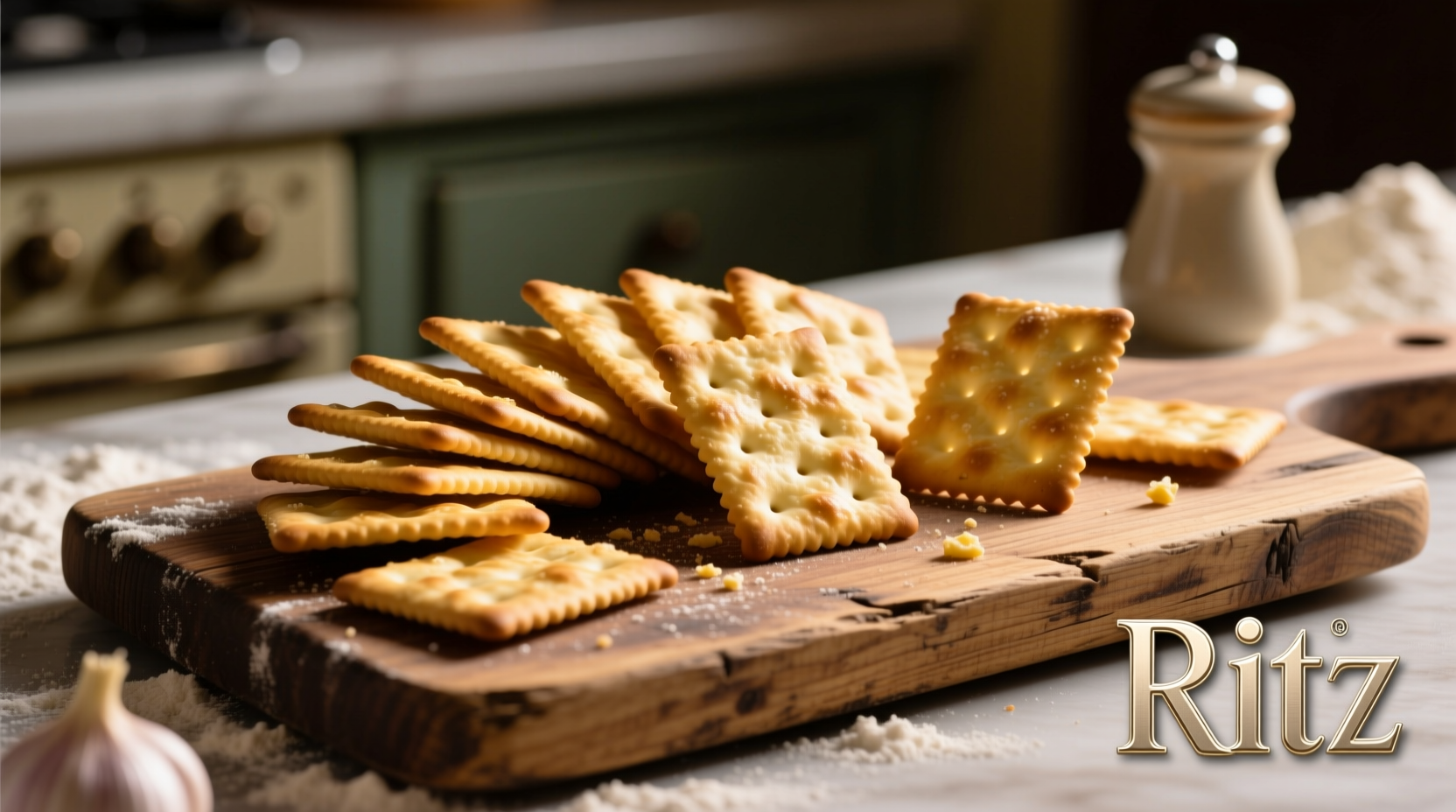 Ritz Garlic Butter Crackers arranged on wooden board