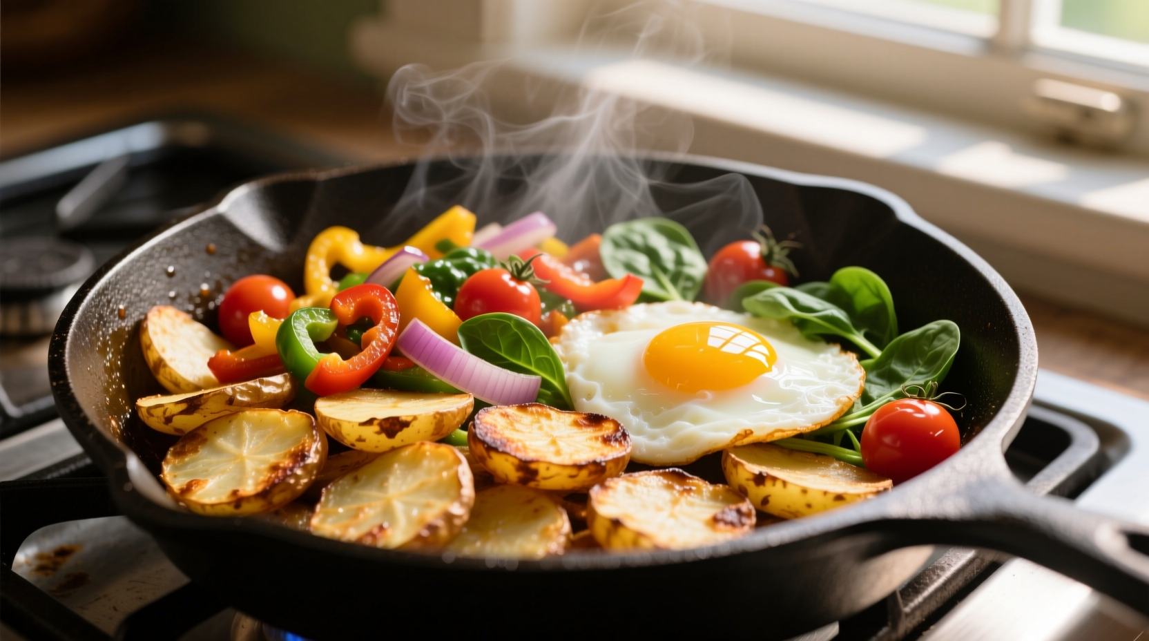 Crispy potato breakfast skillet with eggs and vegetables