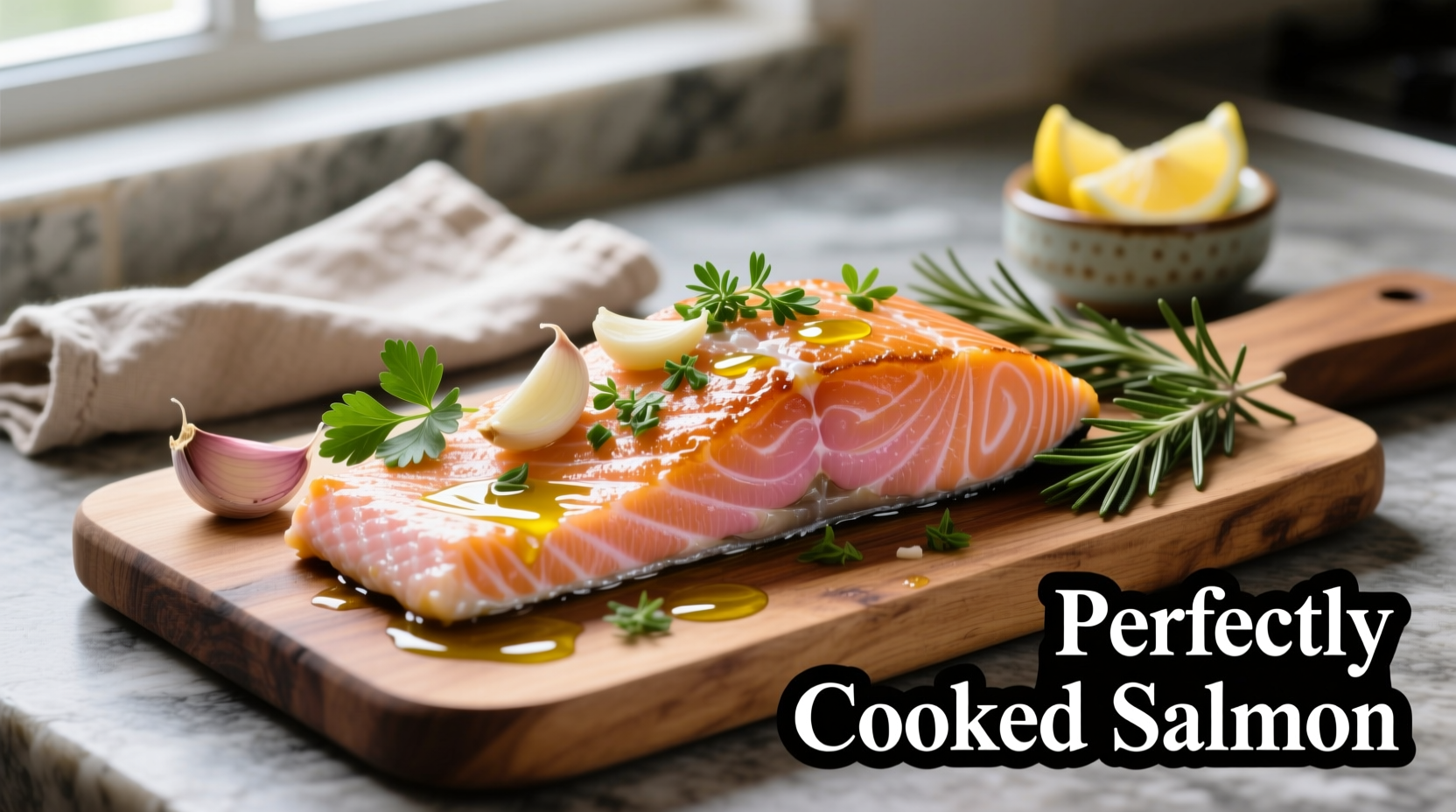 Perfectly cooked salmon fillet with garlic and herbs