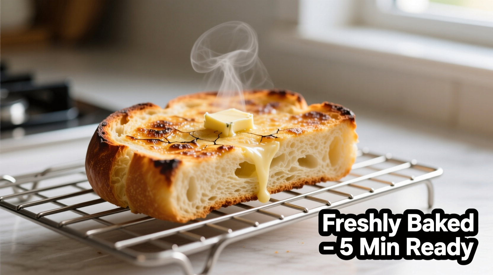 Perfectly baked frozen garlic bread on oven rack