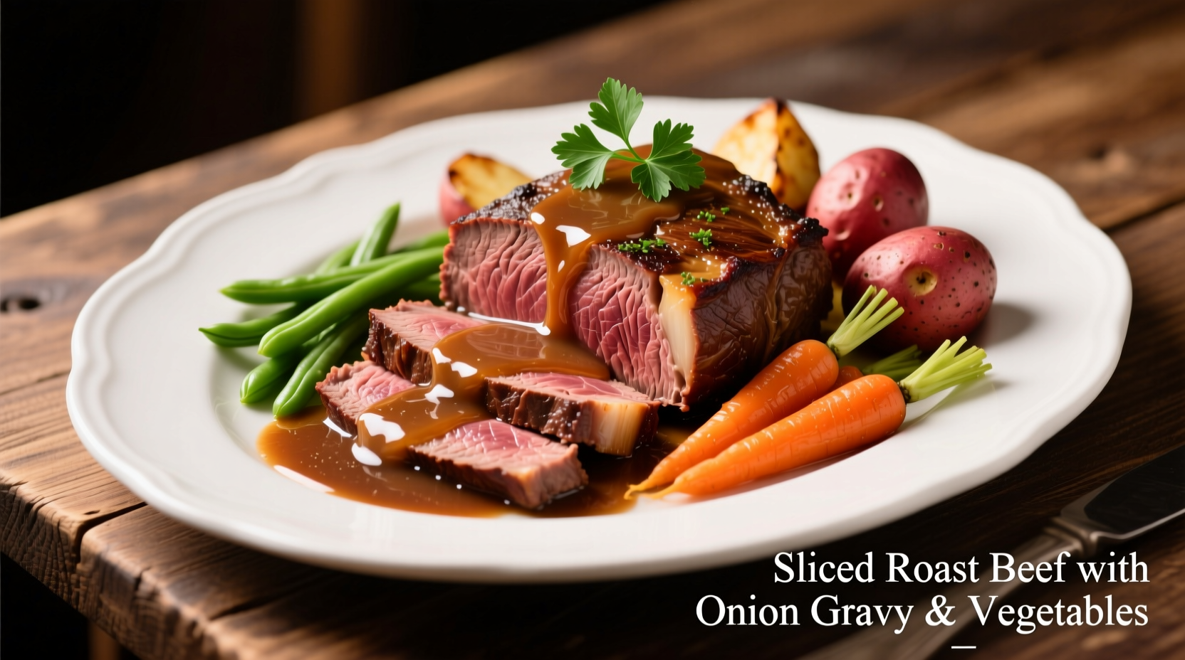 Sliced roast beef with onion gravy and vegetables