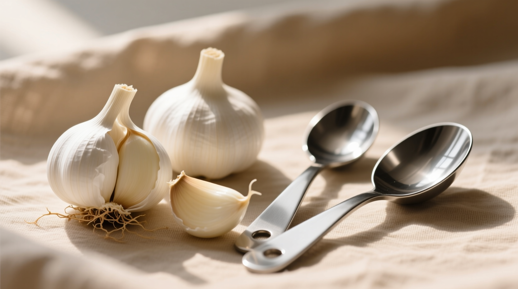Three peeled garlic cloves next to measuring spoons