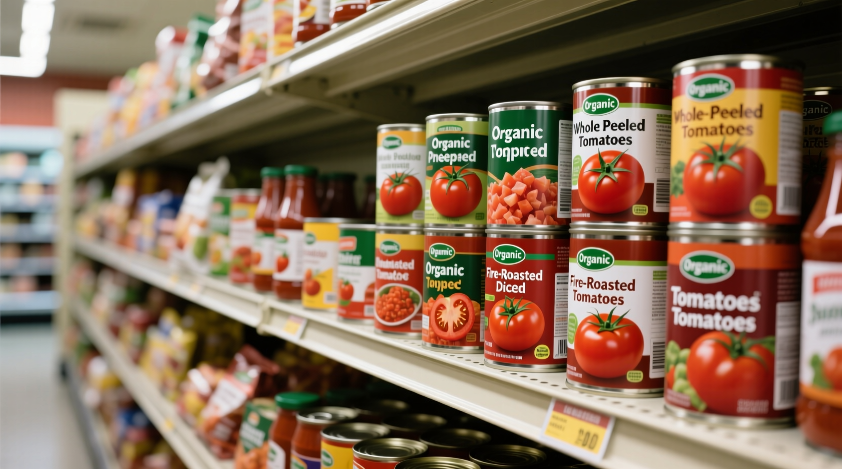 Variety of canned tomato products on grocery shelf