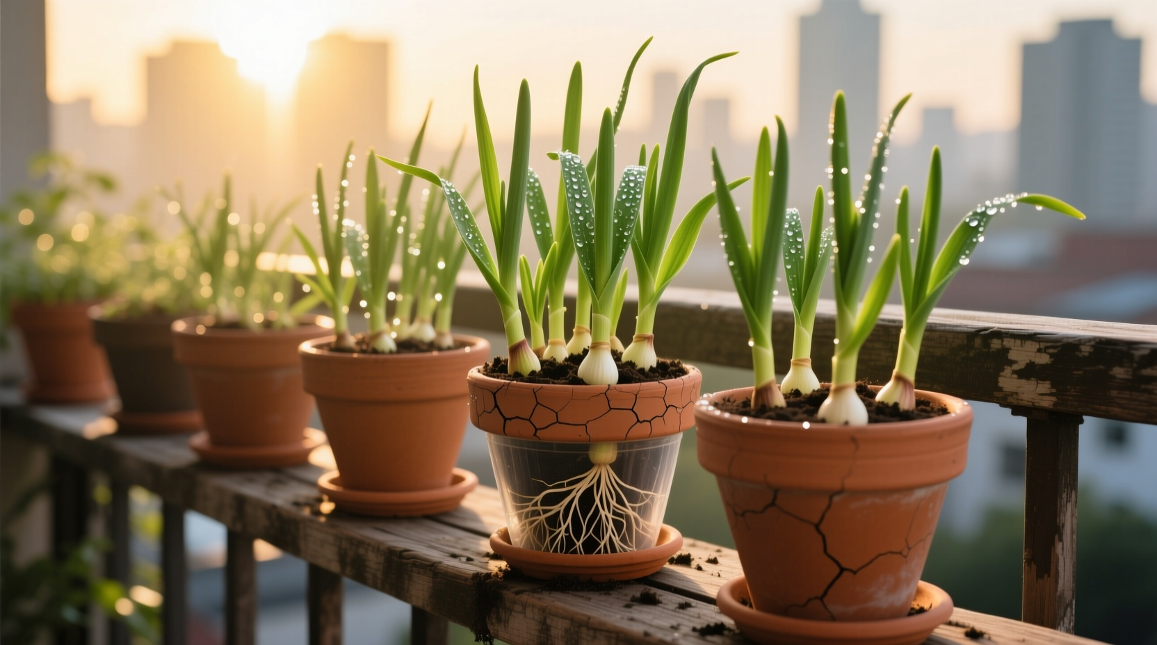 Garlic plants thriving in terracotta pots on balcony