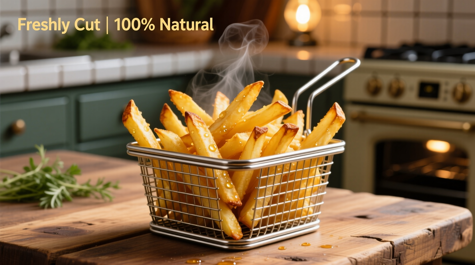 Perfect golden fresh cut potato fries in a metal basket