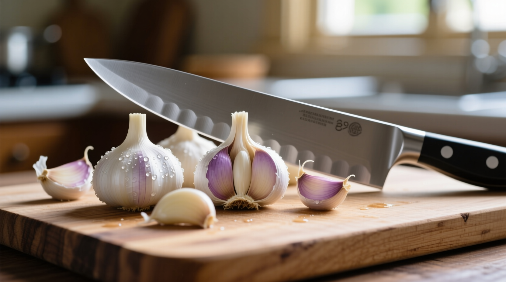 Fresh garlic cloves with chopping board and knife