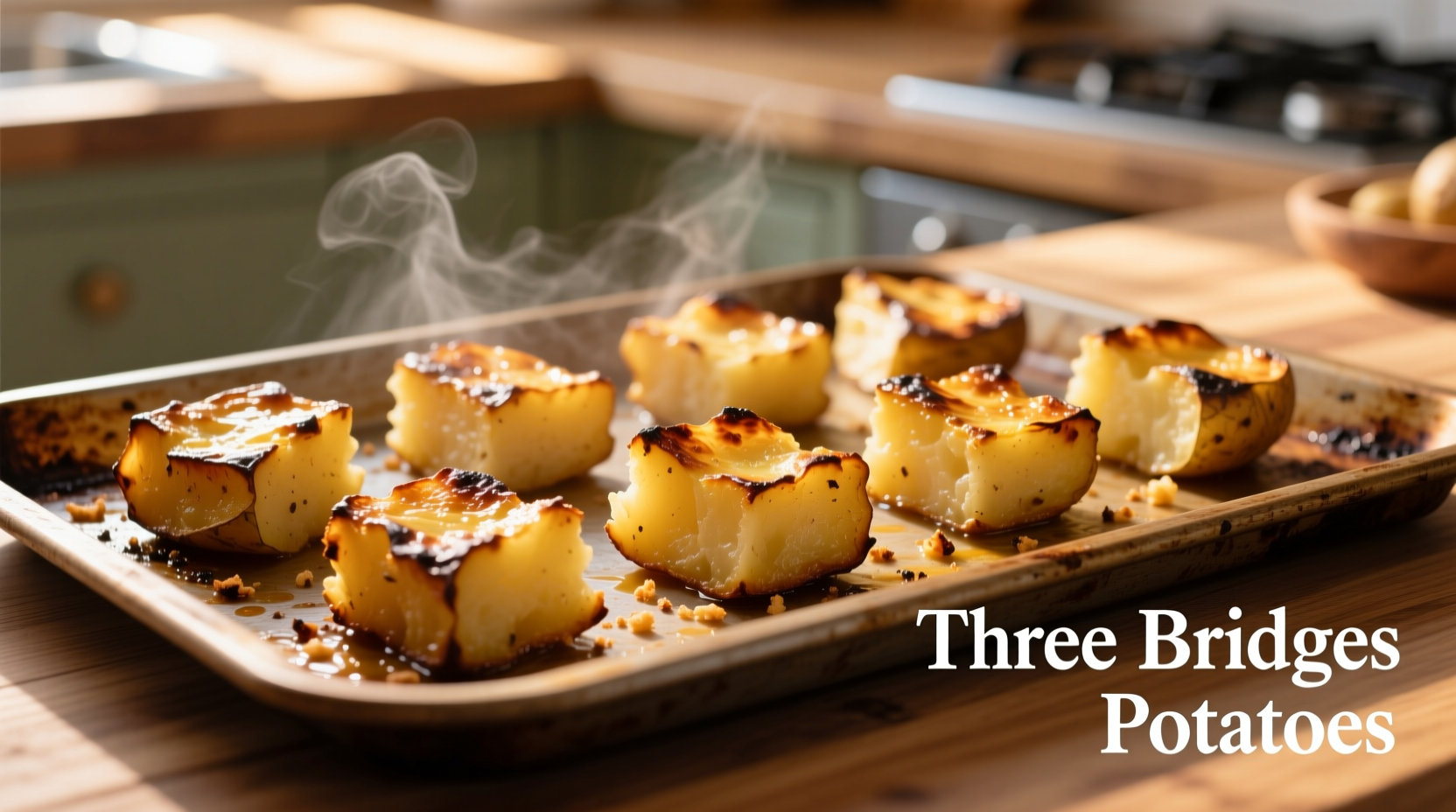 Golden brown Three Bridges potato bakes on baking tray