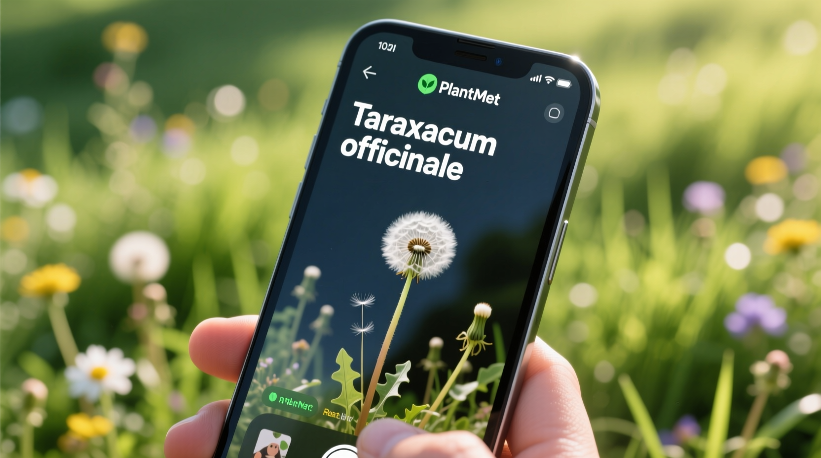 Close-up smartphone screen showing PlantNet app identifying a dandelion with scientific name Taraxacum officinale