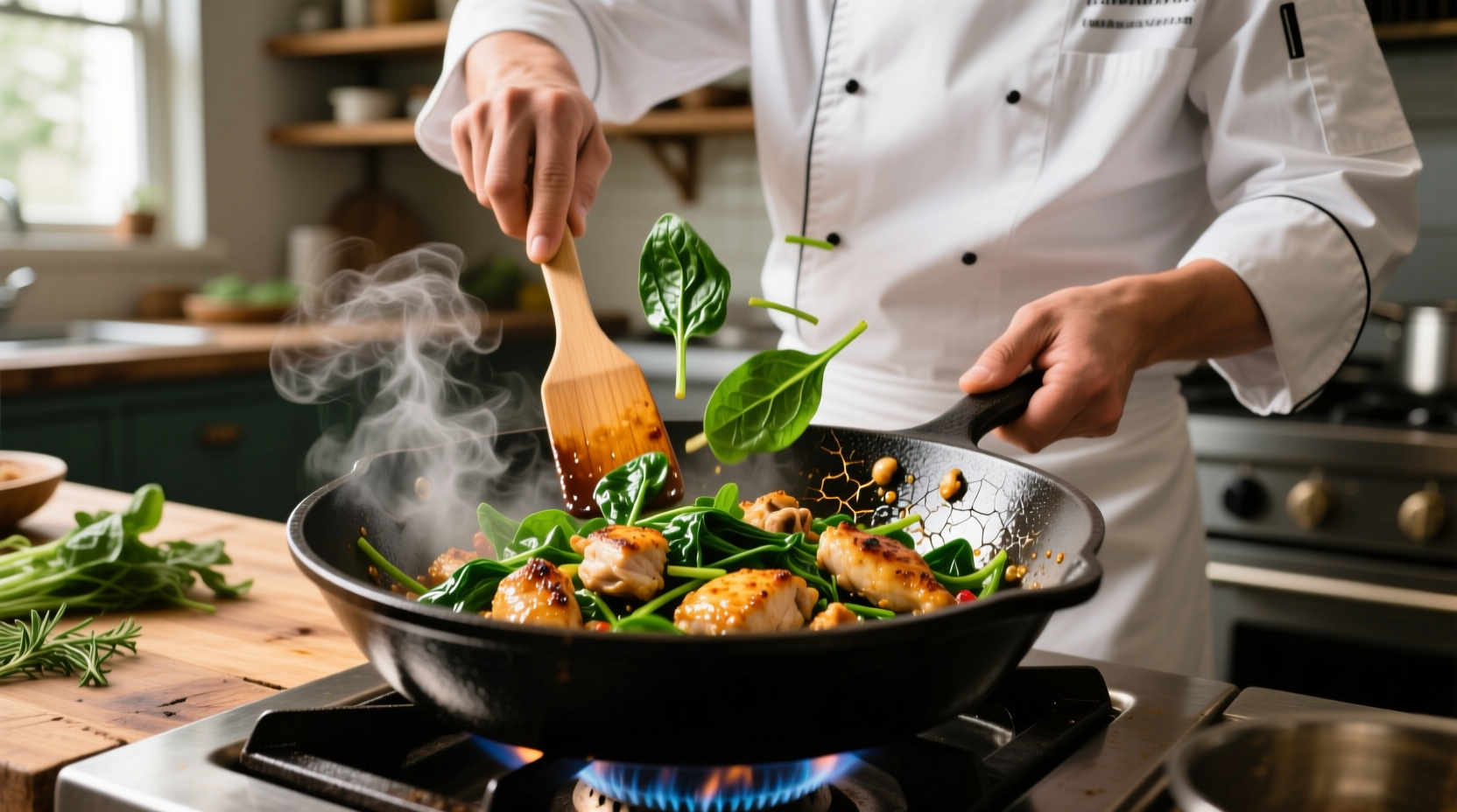 Chef preparing chicken and spinach stir fry in cast iron skillet