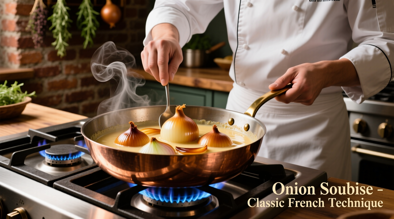 Chef preparing onion soubise in copper pan