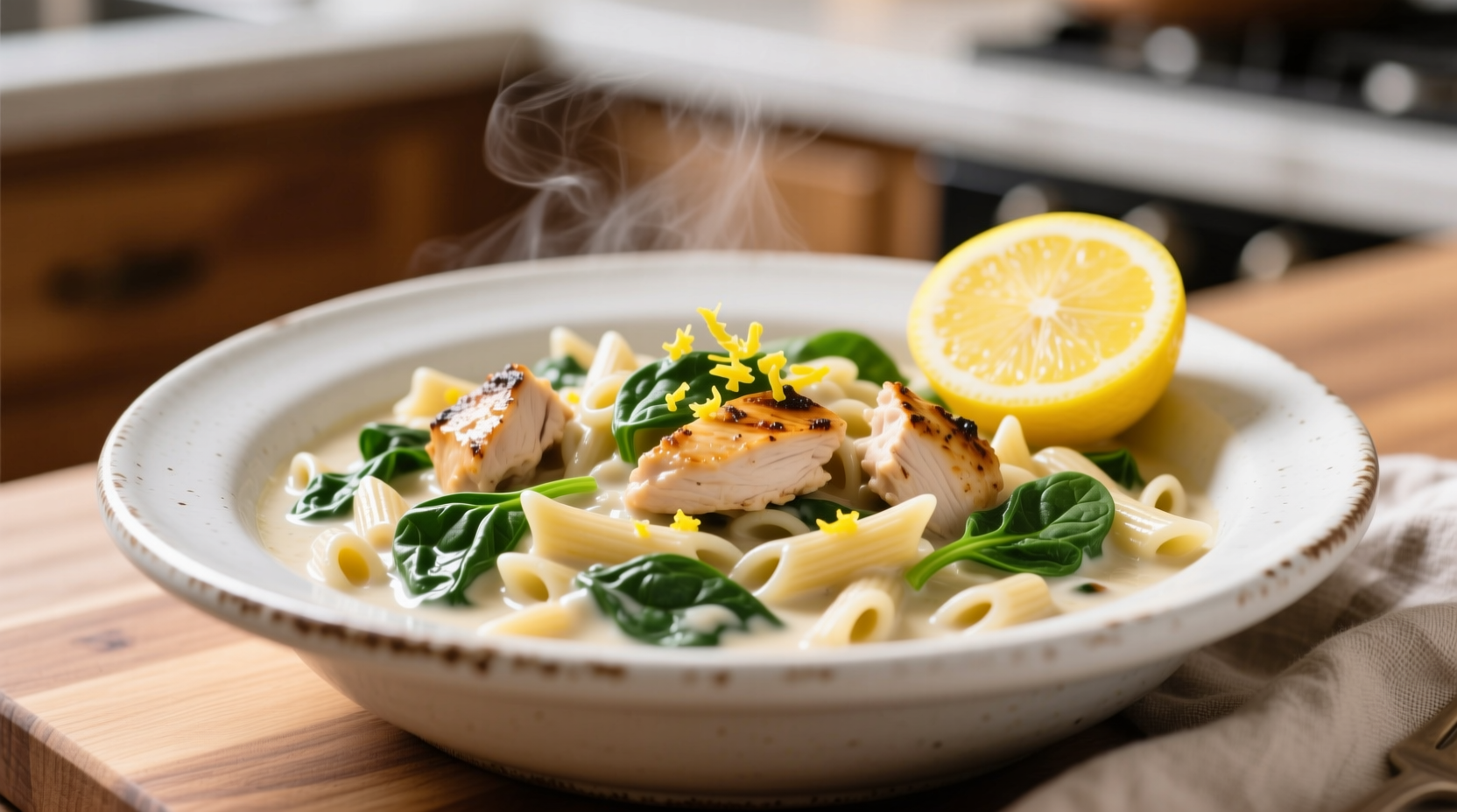Creamy chicken spinach orzo in white bowl with lemon garnish