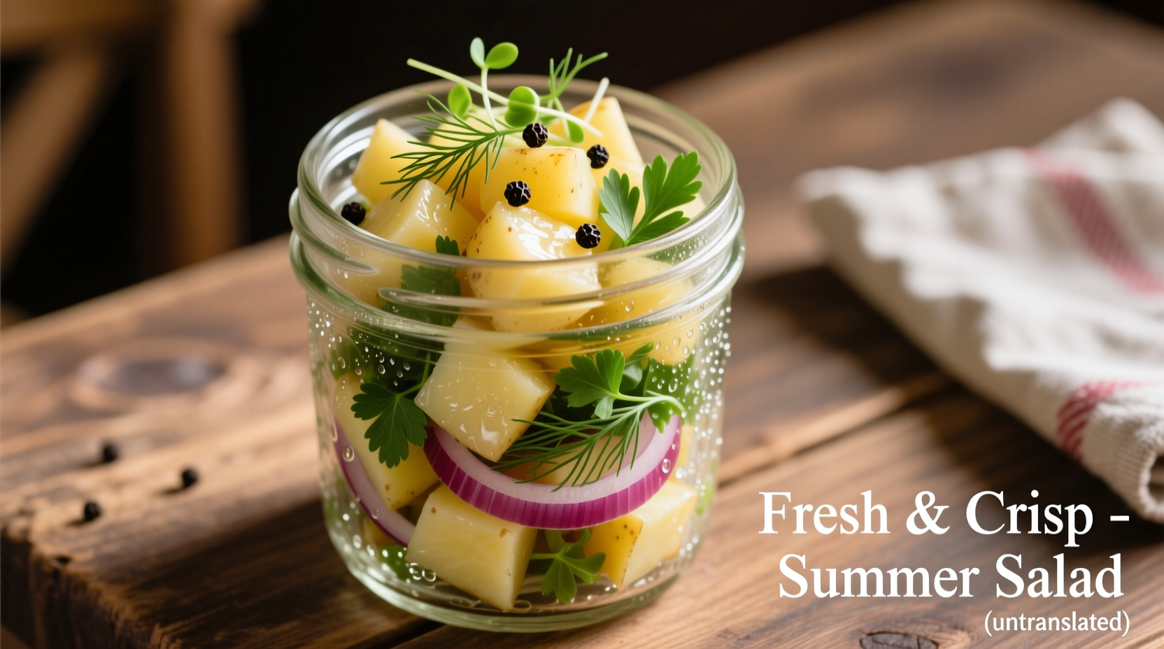 Fresh potato salad in glass container with herbs
