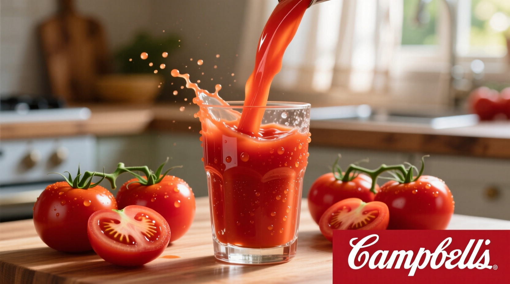 Campbell's tomato juice poured into glass with fresh tomatoes