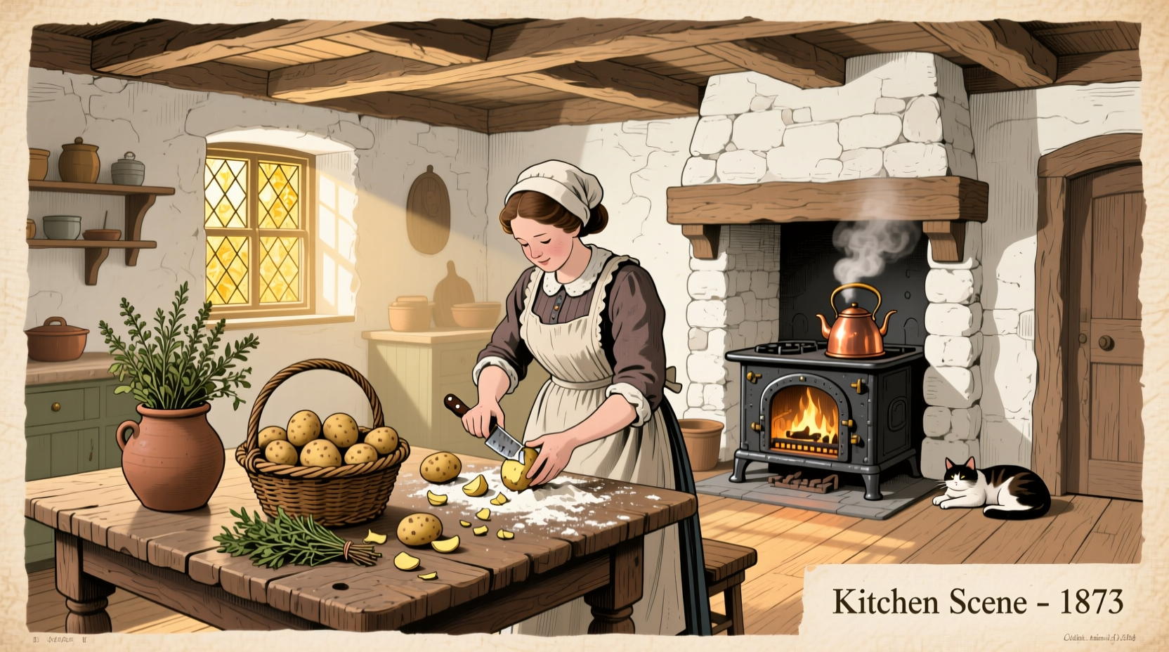 Vintage illustration of 19th century kitchen with potato preparation