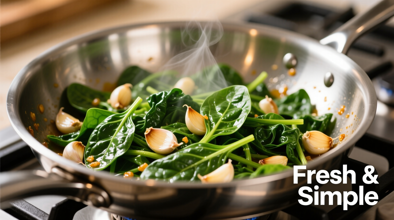 Vibrant green spinach sauté with garlic in stainless steel pan