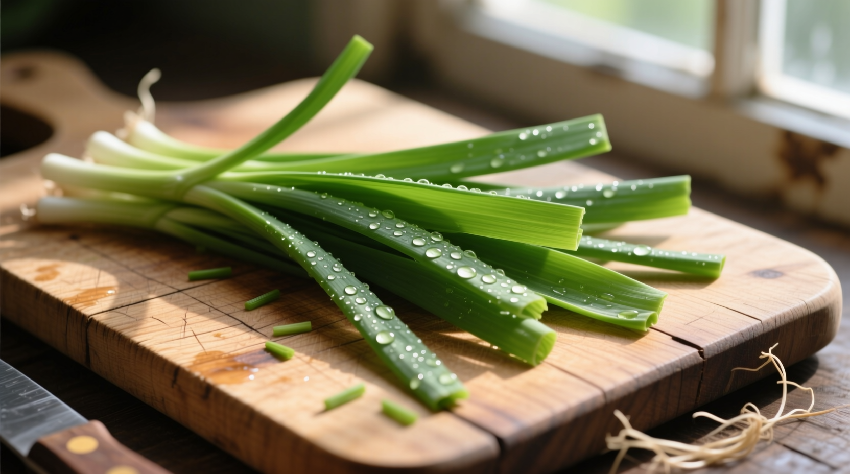 Fresh garlic chives with flat green leaves on wooden cutting board