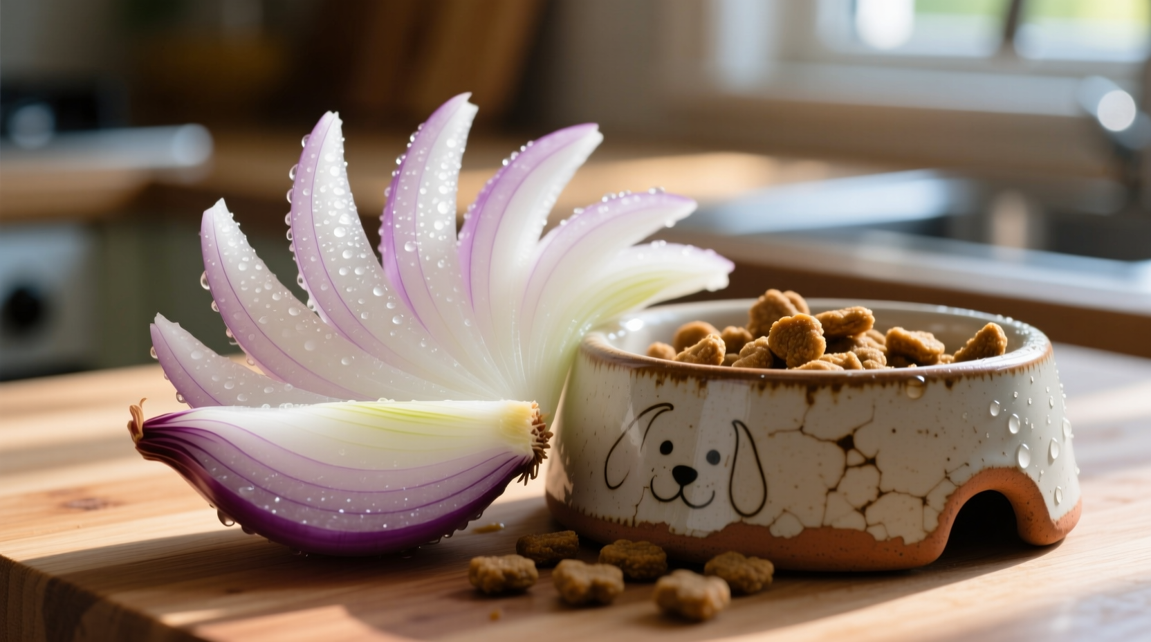 Close-up of onion slices next to dog food bowl
