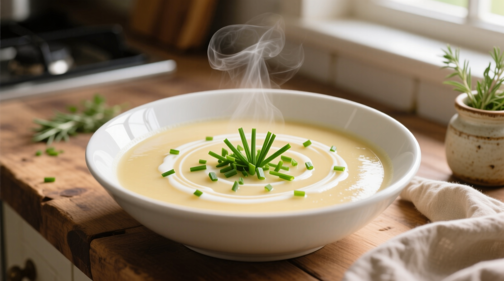 Creamy potato soup in white bowl with fresh chives