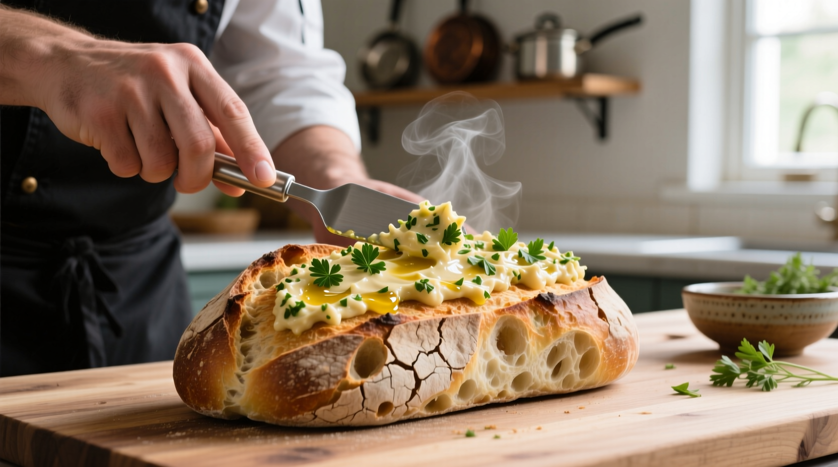 Chef spreading garlic mixture on artisan bread
