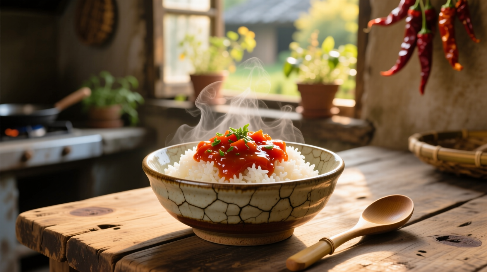 Rice and tomato sauce served in a traditional ceramic bowl