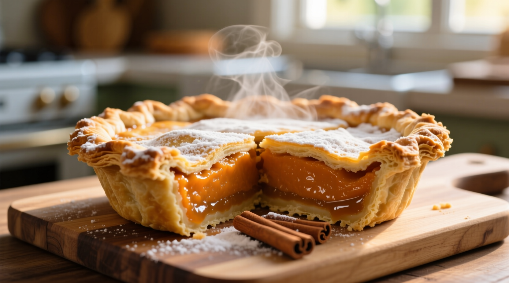 Golden sweet potato pie with flaky crust edges