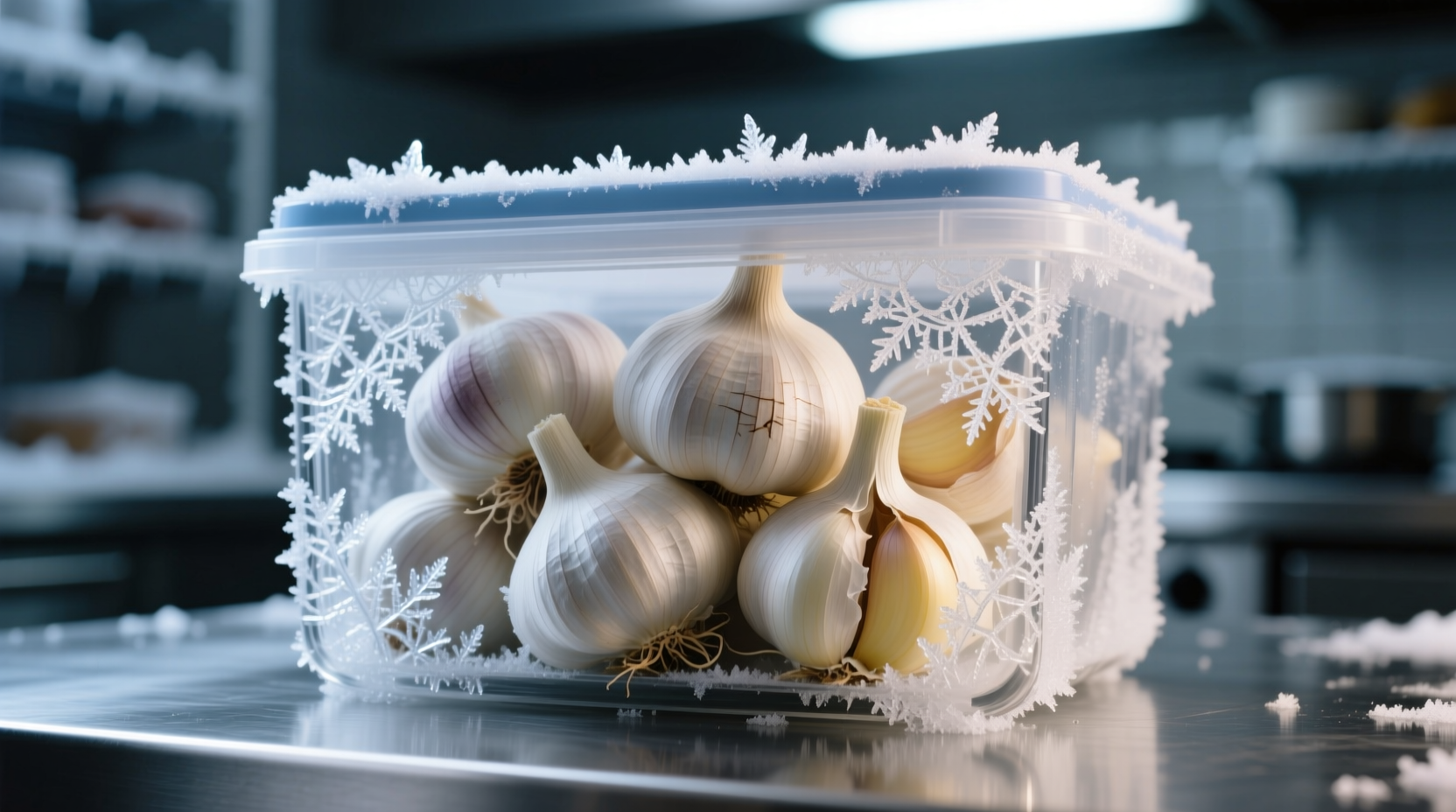 Garlic cloves in freezer container with ice crystals