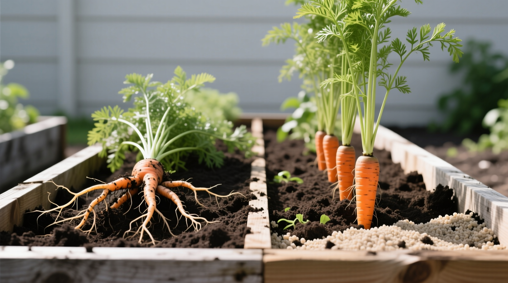 Side-by-side comparison of carrot roots grown in pure compost (forked) vs. 5-3-2 blend (straight)
