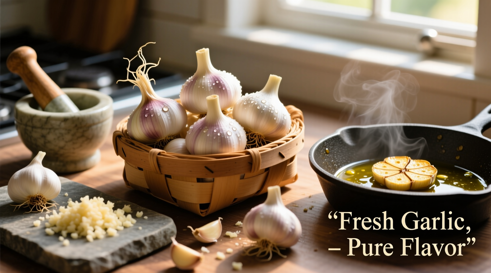 Fresh garlic bulbs and culinary preparations