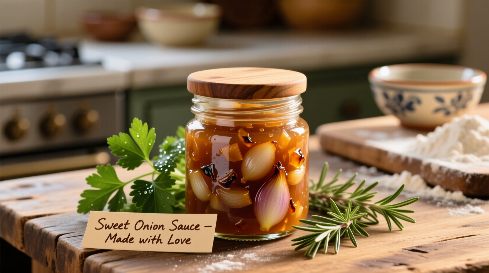 Homemade sweet onion sauce in glass jar with fresh herbs