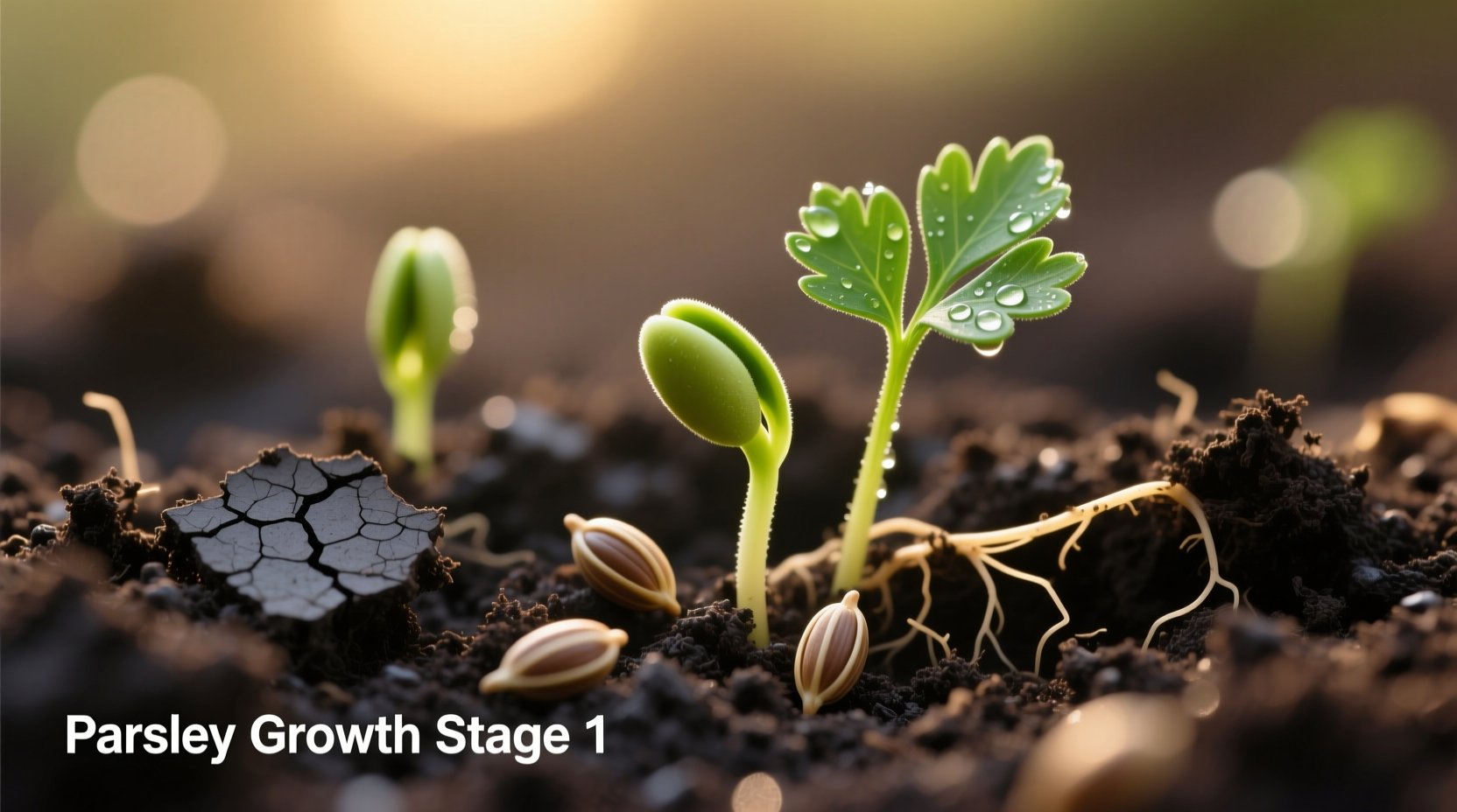 Close-up of parsley seeds in soil with sprouting seedlings