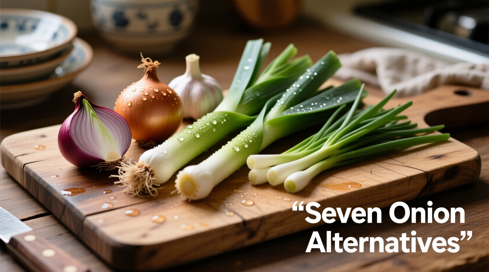 Seven common onion alternatives arranged on wooden cutting board