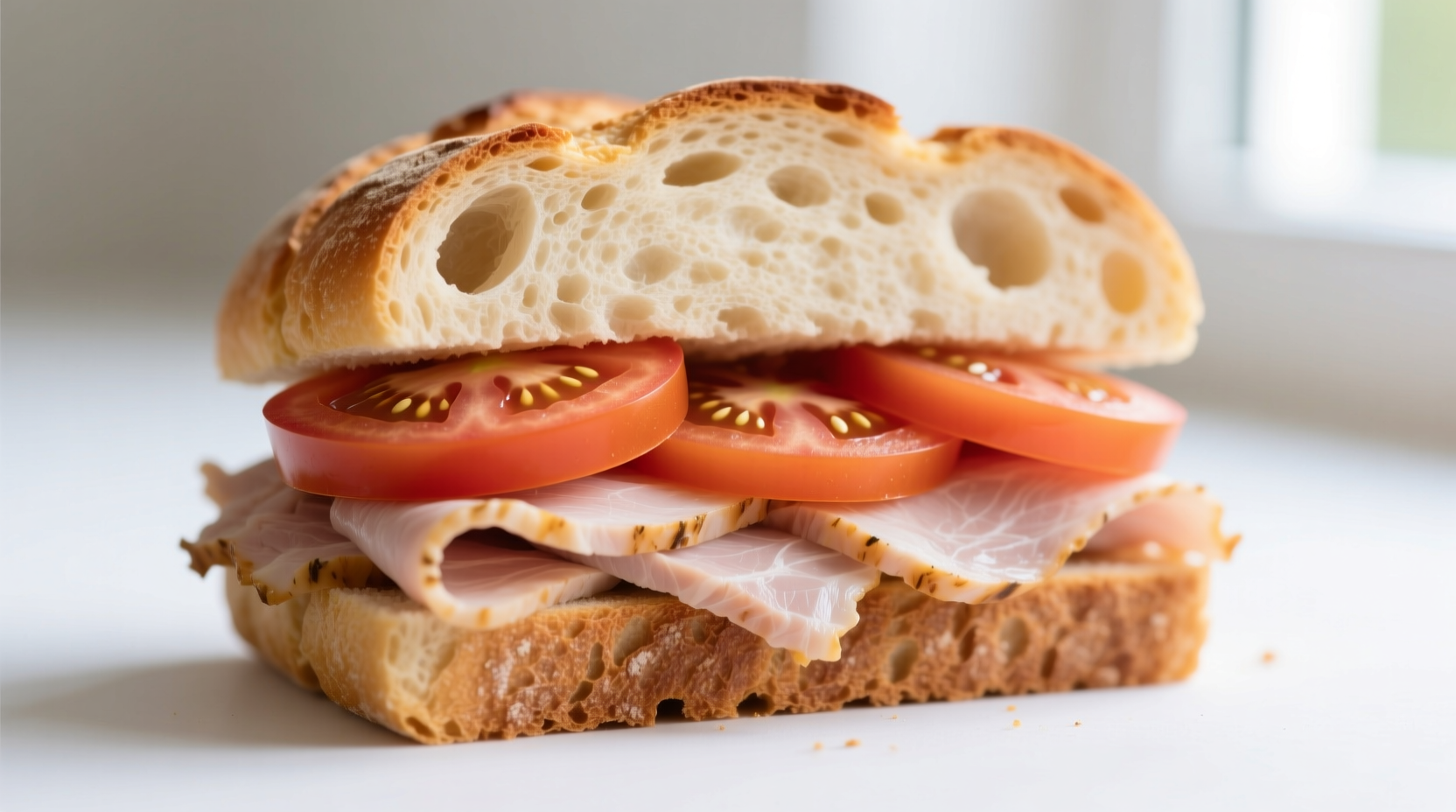 Simple turkey sandwich with tomato slices on artisan bread