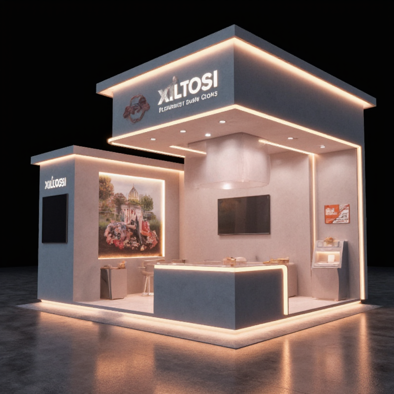 3D Booth Design Software for Event Planners, material: tempered glass, sleek modern aesthetic.