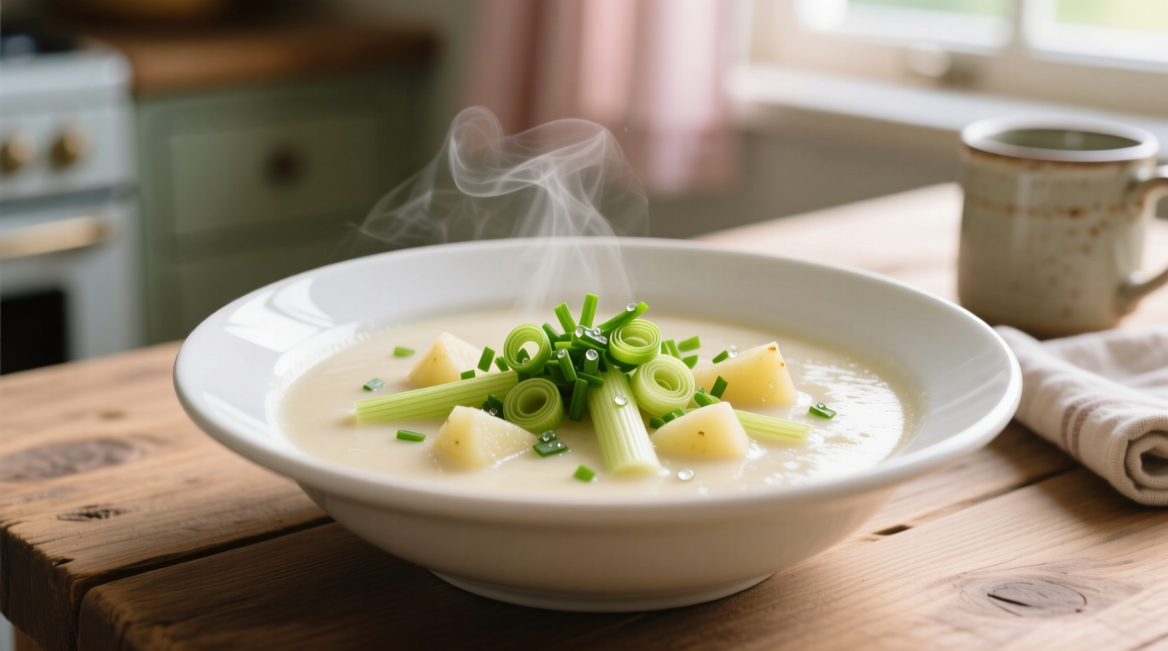 Creamy potato leek soup in white bowl with fresh chives