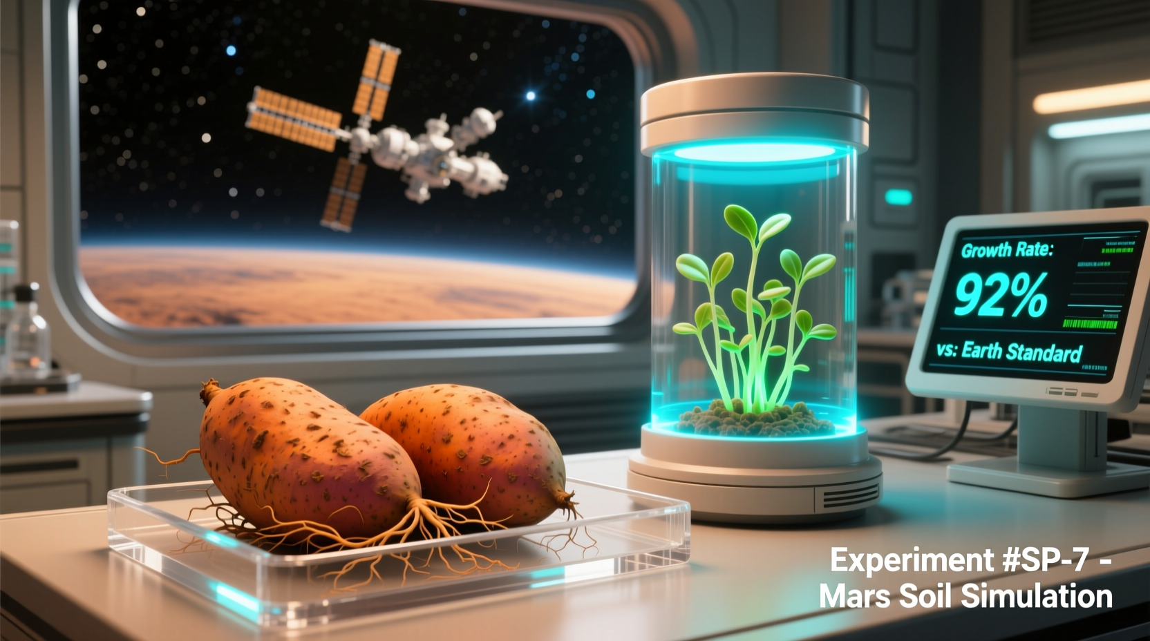 Sweet potatoes next to space-grown plant experiment