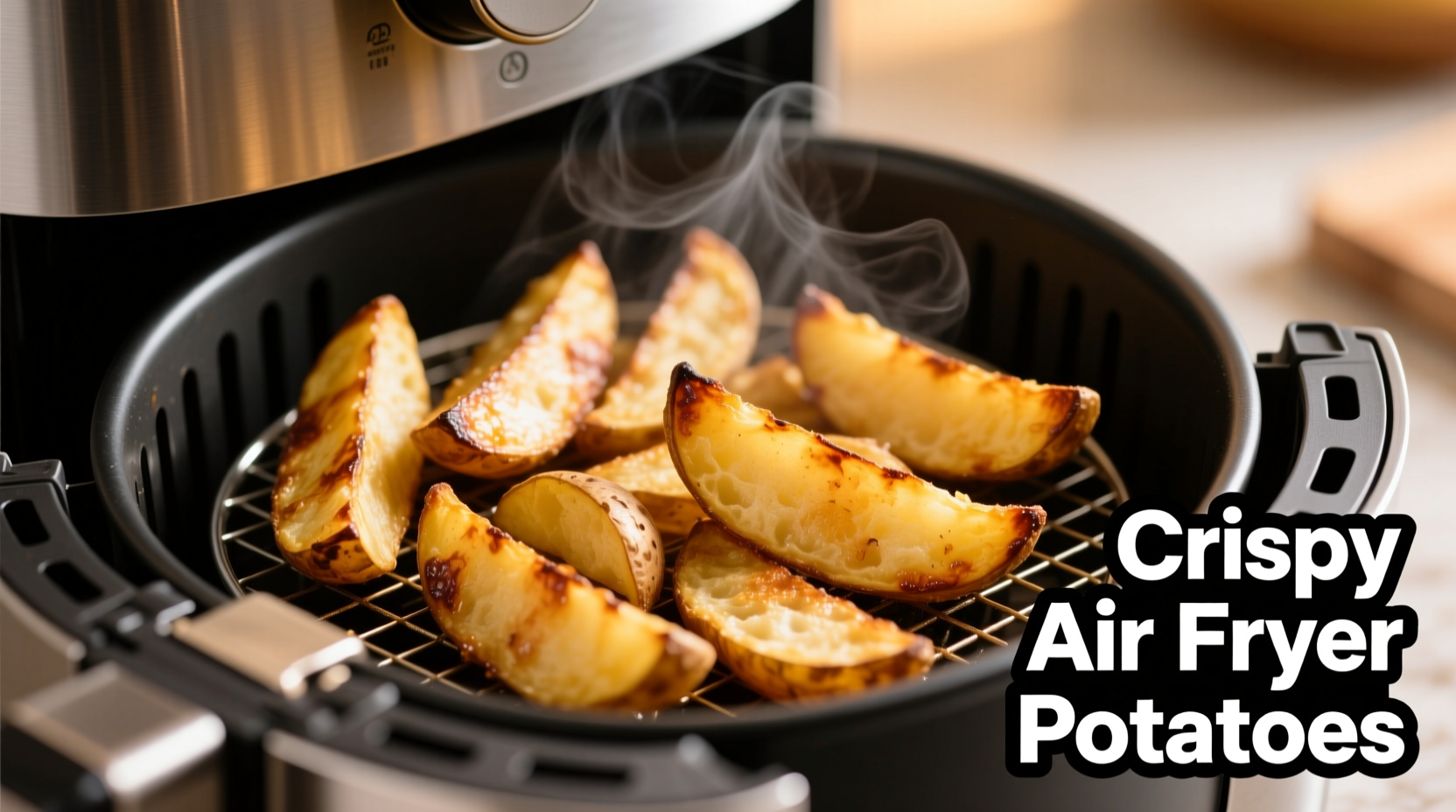 Golden brown potato wedges in air fryer basket