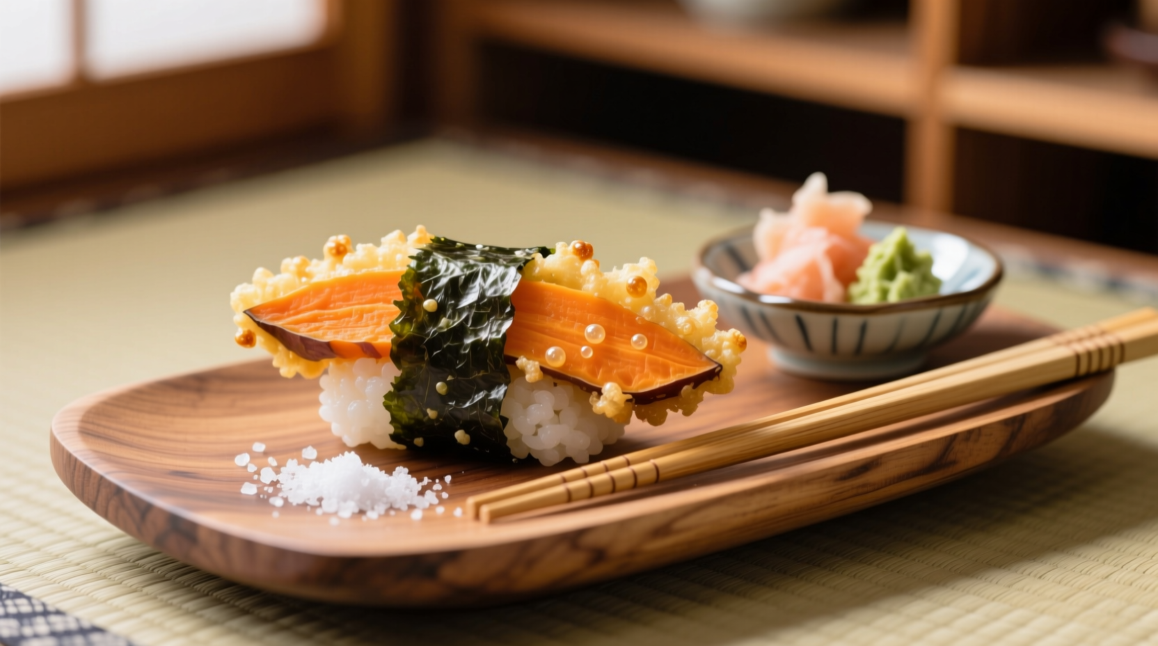 Freshly prepared sweet potato tempura sushi roll on wooden plate