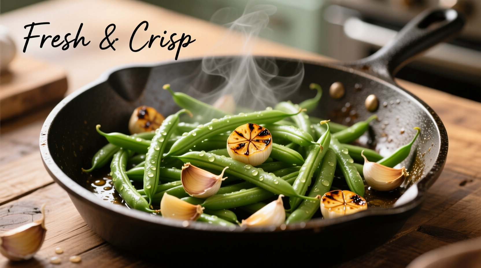 Crisp green beans with golden garlic in skillet