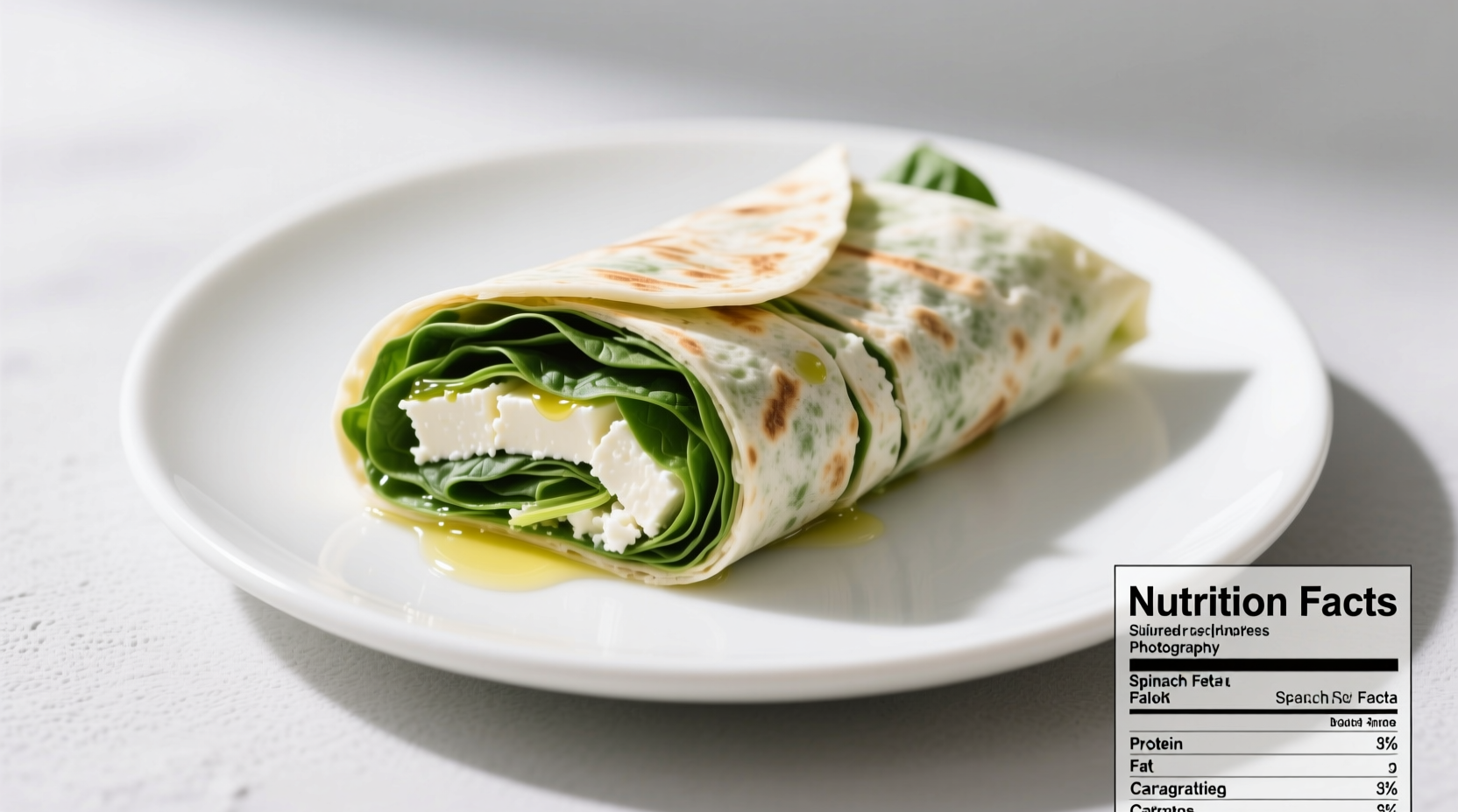 Spinach feta wrap on white plate with nutrition facts