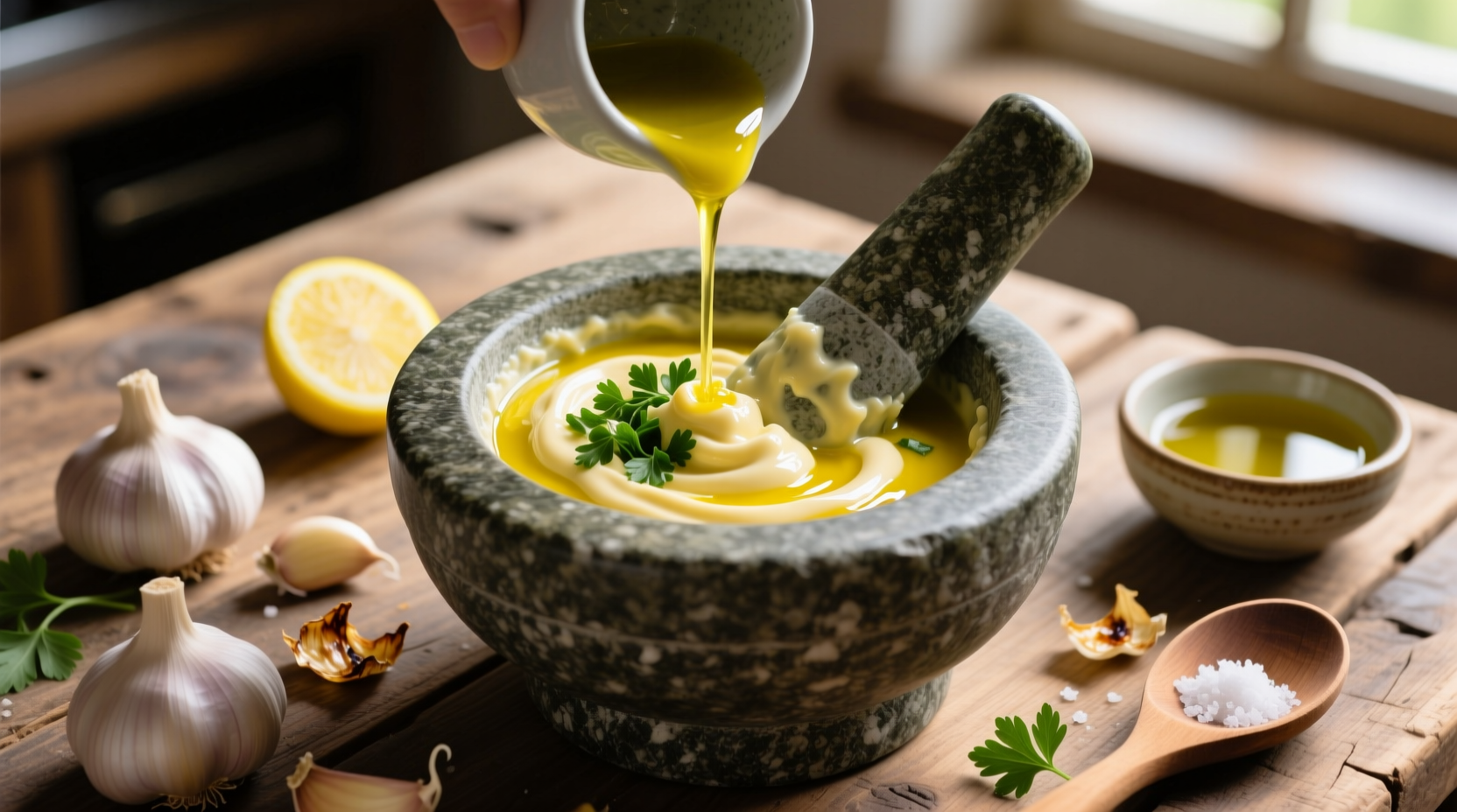 Homemade garlic aioli in mortar with fresh ingredients