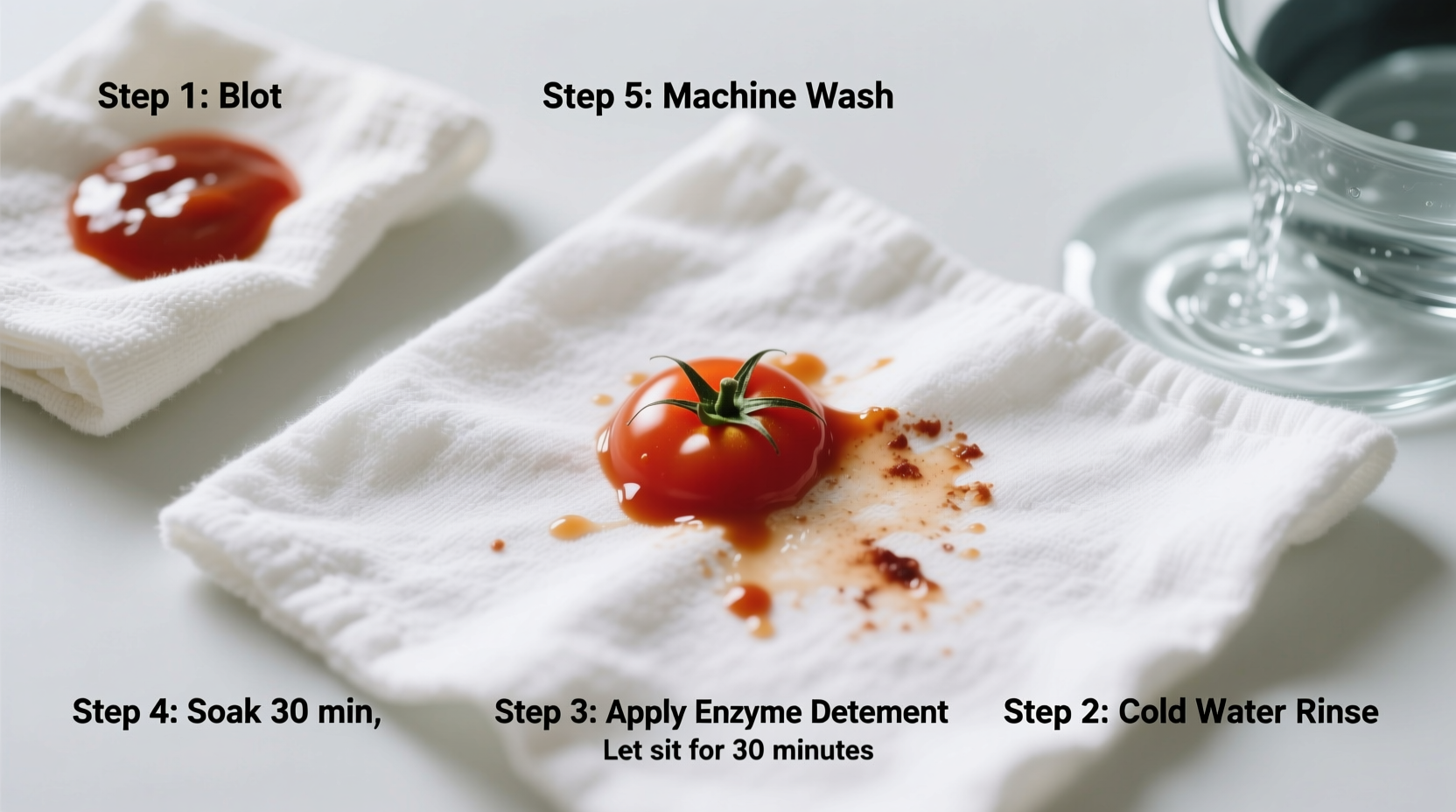 Step-by-step tomato stain removal process on white fabric